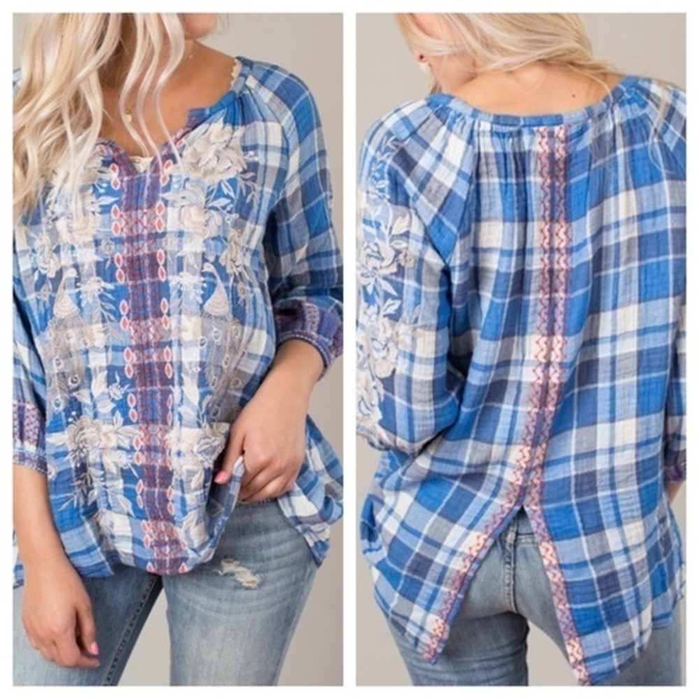 Johnny Was Surya Split Back Plaid Embroidered Top Nwt